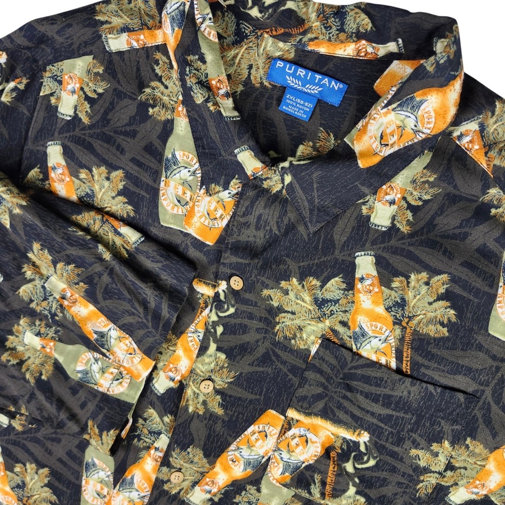 Puritan Hawaiian Button Up Shirt Mens 2XL Beer Palm Tree‎ Black Orange Funky AOP